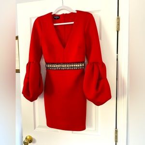 Bebe scuba puff sleeve pageant interview red dress cocktail 4